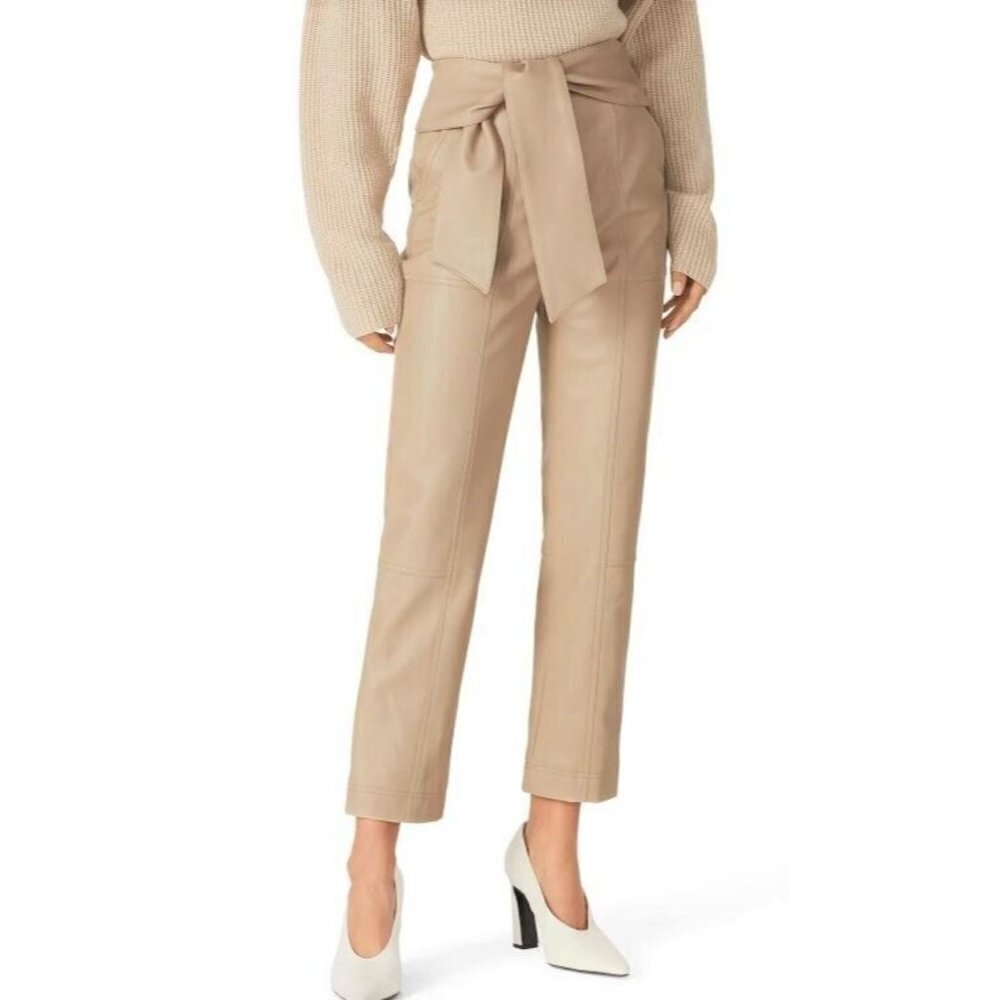 Jonathan Simkhai TESSA Beige Faux Leather Tie Waist Cropped Pants Size 4 AS-IS